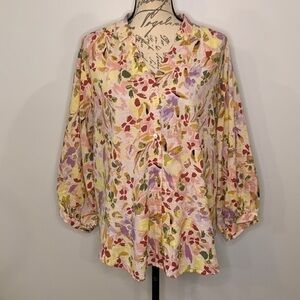 LC Lauren Conrad puff balloon sleeve button front top watercolor print XL